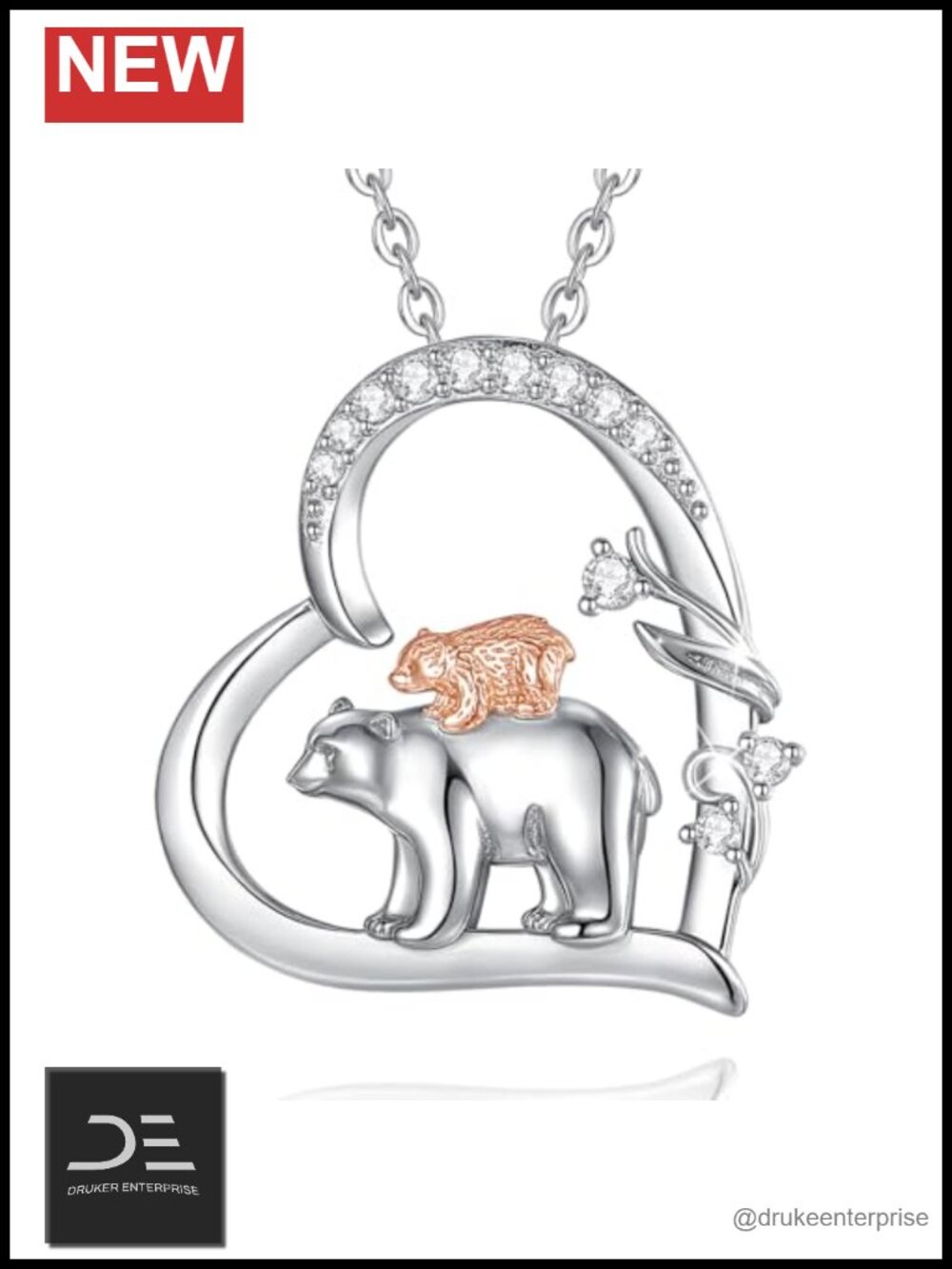 Sterling Silver Mother Bear Cub Pendant Necklace 18 Inch CZ Jewelry Women